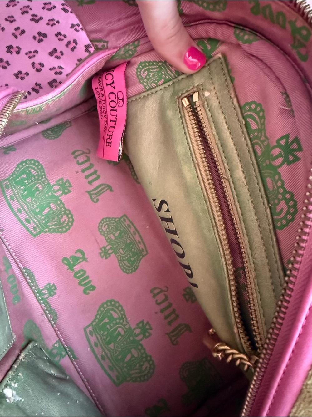 Juicy Couture Green Suede Satchel with Pink Trim and Heart Charm - Picture 9 of 9